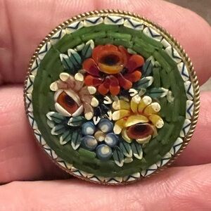 Vintage Micro Mosaic Floral Brooch - Handcrafted Italy Glass Brass Round